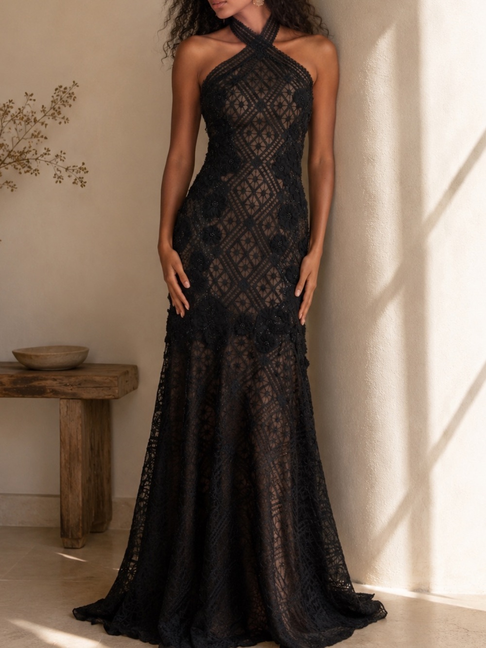 Tadashi Shoji Lakota Black Sequin Halter Neck Evening Gown Maxi Dress Mermaid